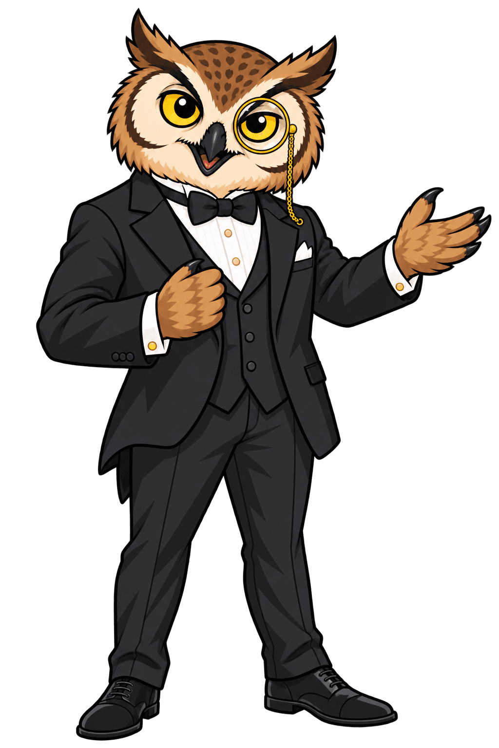 Le Hibou Rusé officiel, en costume et nœud papillon, avec son monocle
